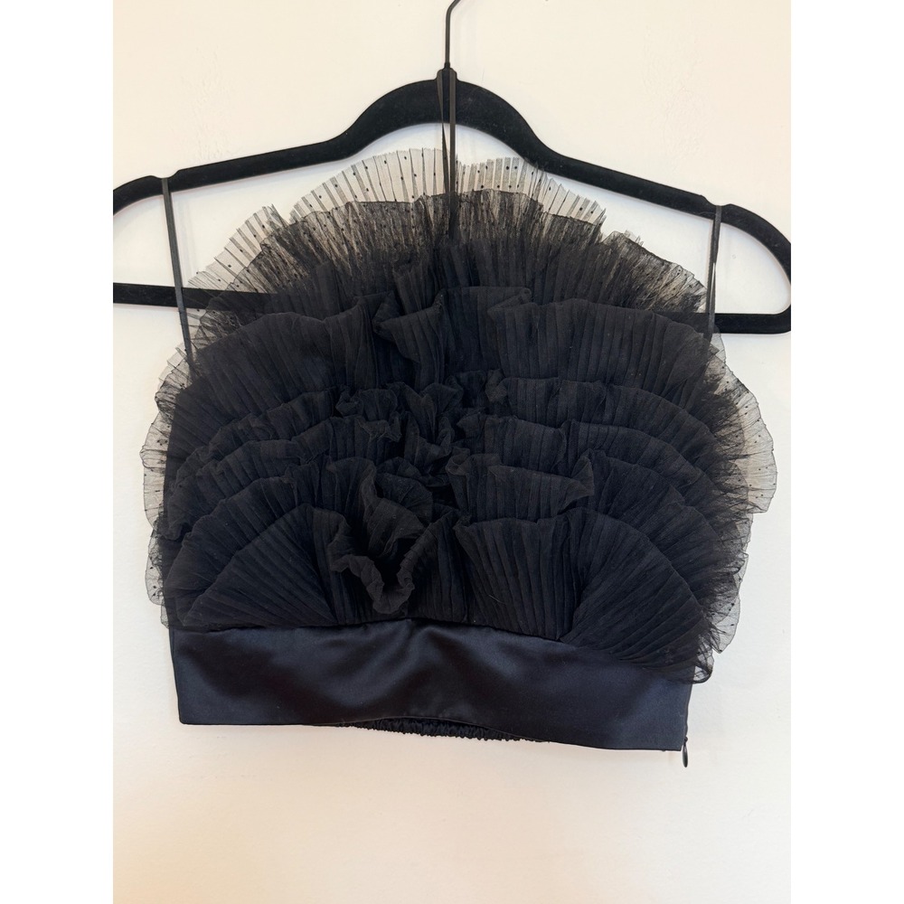 Zara Black Tulle Ruffle Crop Top Strapless Pleated Mesh Bustier Party XS